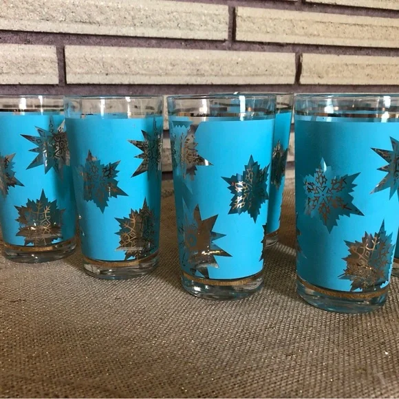 60's Aqua/Gold Starburst Glasses - 8 - Tumblers - Highballs - Barware -Glassware - Picture 1 of 14
